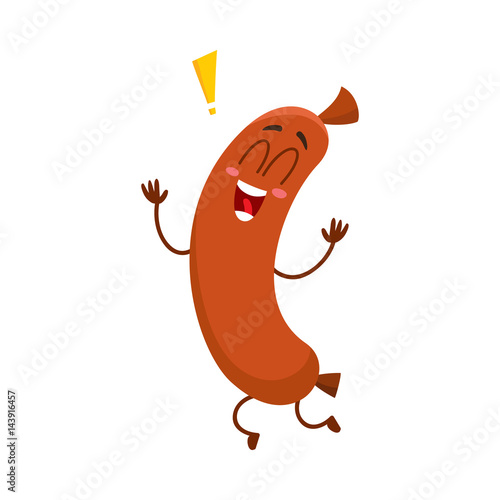 Cute and funny sausage character with human face jumping excitedly, cartoon vector illustration isolated on white background. Happy, excited sausage character, mascot, exclamation mark