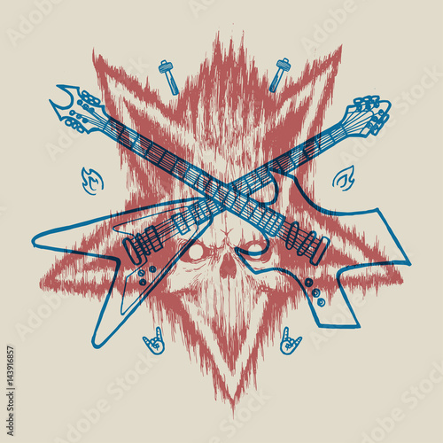 pentagram skull crossed rock guitars print