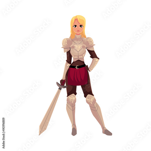 Beautiful blond woman dressed as medieval knight in decorated suit of armor, cartoon vector illustration isolated on white background. Full length portrait of woman knight in armor holding big sword