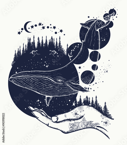 Whale tattoo art. Symbol of a dream, freedom, travel, imagination, meditation. Whale flies by over forest t-shirt design