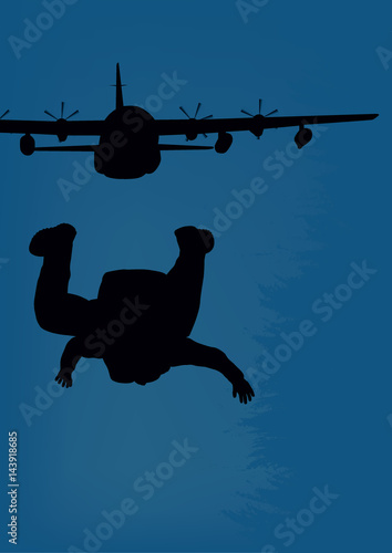 Illustration, military aircraft and paratrooper