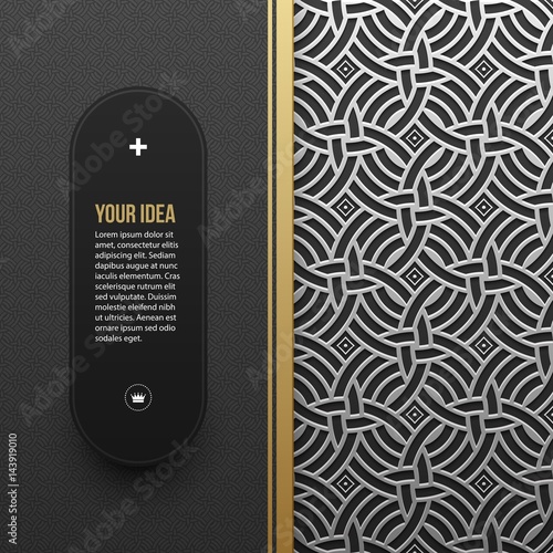 Web banner template on silver/platinum metallic background with seamless geometric pattern. Elegant luxury style.