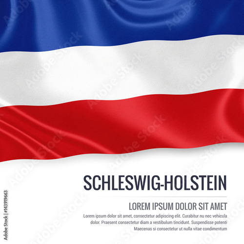 Flag of German state Schleswig-Holstein waving on an isolated white background. State name and the text area for your message.