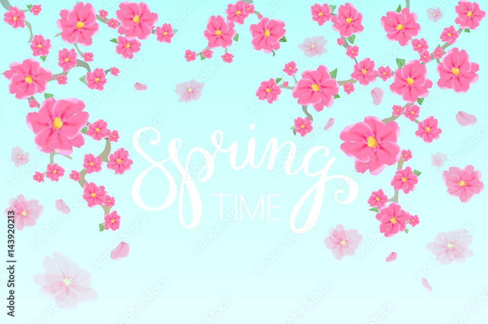 Spring time. Sakura japan cherry branch with blooming flowers. Hand lettering. Vector illustration