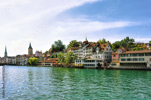 Limmat River quay and St Peter and Fraumunster Church Zurich