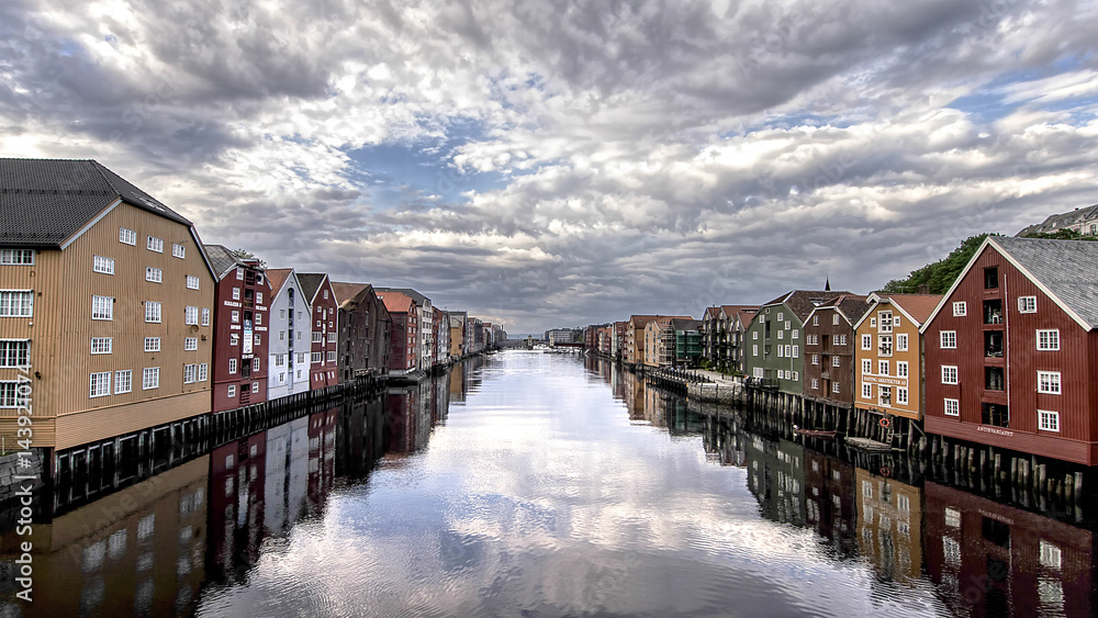 Old store houses on the river Nidelva in Old Town, Trondheim, Norway