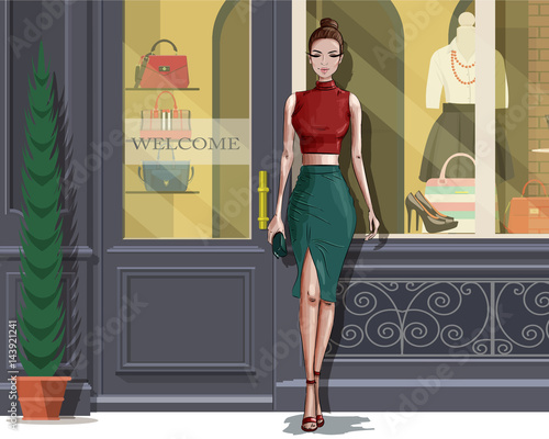 Beautiful stylish woman with boutique facade background. Vector illustration.