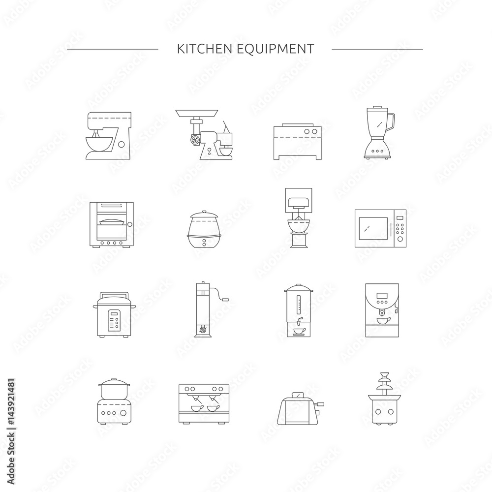 Kitchen appliances line icon set.