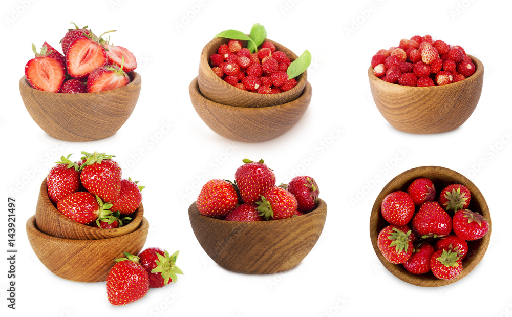 set of bowls with strawberries isolated on white background. Ripe strawberries close-up. Background berry. Sweet and juicy berry with copy space for text.ace for text. set of bowls with strawberries isolated on white background. Ripe strawberries close-up. Background berry. Sweet and juicy berry with copy space for text.ace for text.