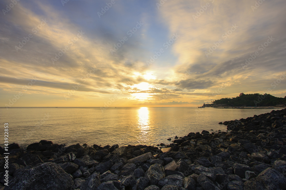 Landscape of sky, sea and breakwater at dawn ; Songkhla province, Thailand Landscape of sky, sea and breakwater at dawn ; Songkhla province, Thailand
