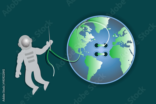 Earth-button and astronaut with a needle and thread.