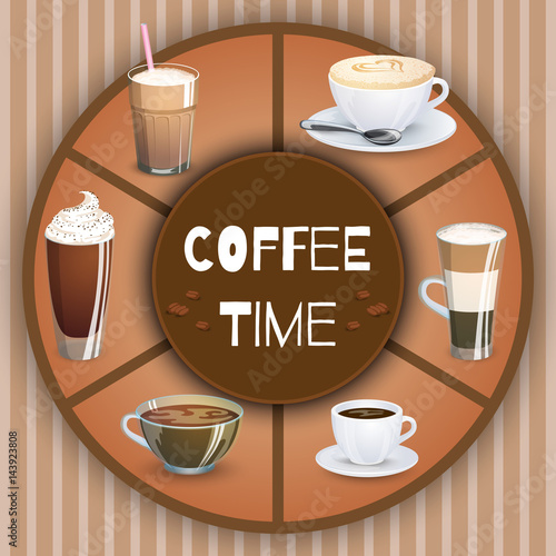 Illustration with coffee drinks. Decorative elements and background for your design. Hot drinks set. Cafe theme icons, can be used in menu. photo