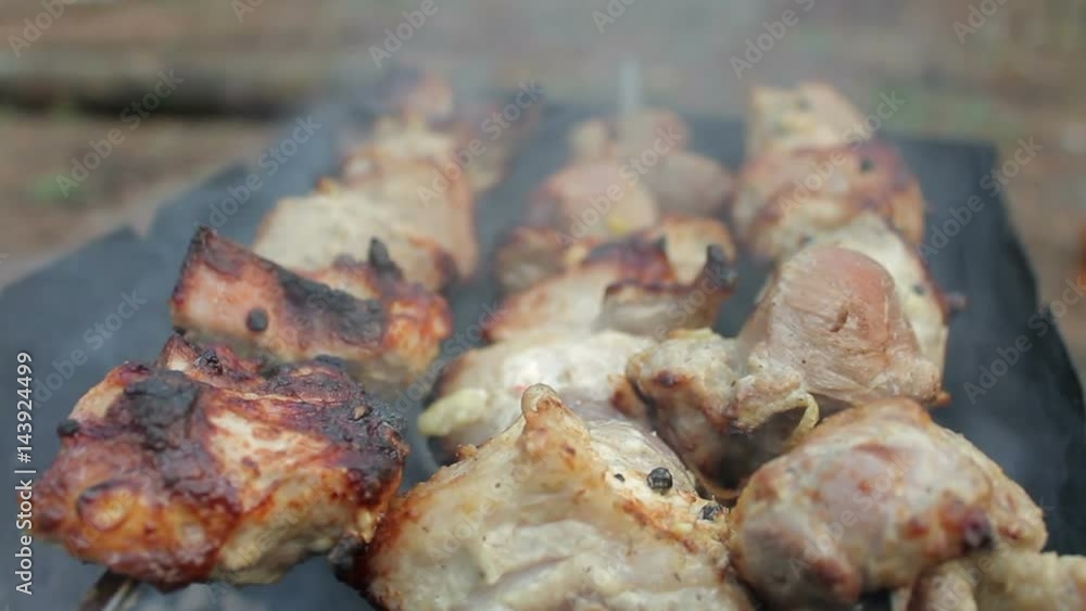 Grilling barbecue meat on wood coal. Man cooks appetizing hot shish kebab on metal skewers. Tasty meat pieces with crust. Grilling food. Cooking shashlik on barbecue grill. Closeup Grilling barbecue meat on wood coal. Man cooks appetizing hot shish kebab on metal skewers. Tasty meat pieces with crust. Grilling food. Cooking shashlik on barbecue grill. Closeup