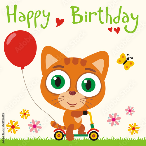Happy birthday! Funny kitten cat going on scooter with red balloon. Birthday card with little  kitten cat in cartoon style for child birthday.
