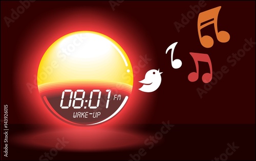 Alarm clock sunrise shining & bird singing timer gadget illustration. Easy waking device