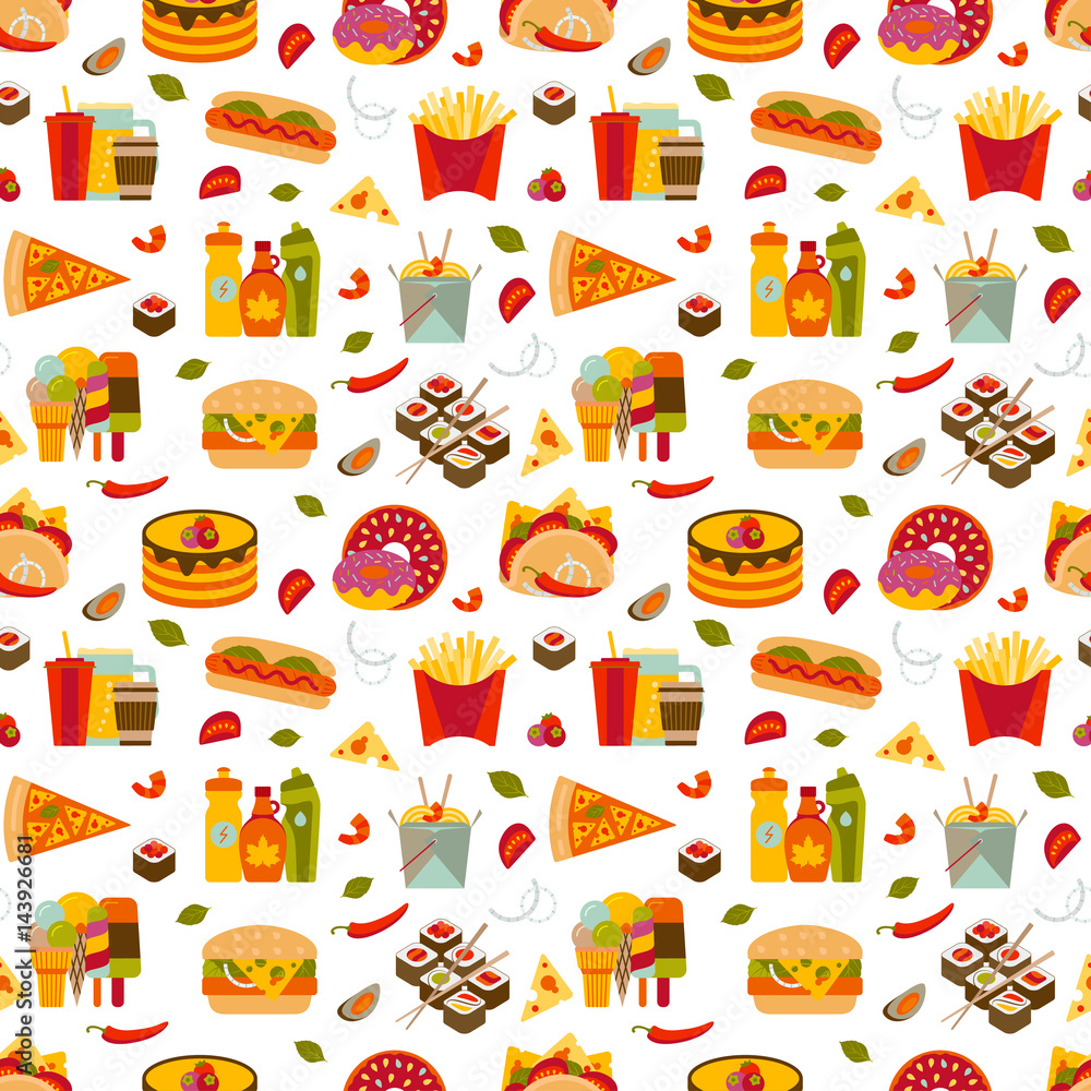 Fototapeta Fast food and streetfood seamless pattern. Vector illustration.