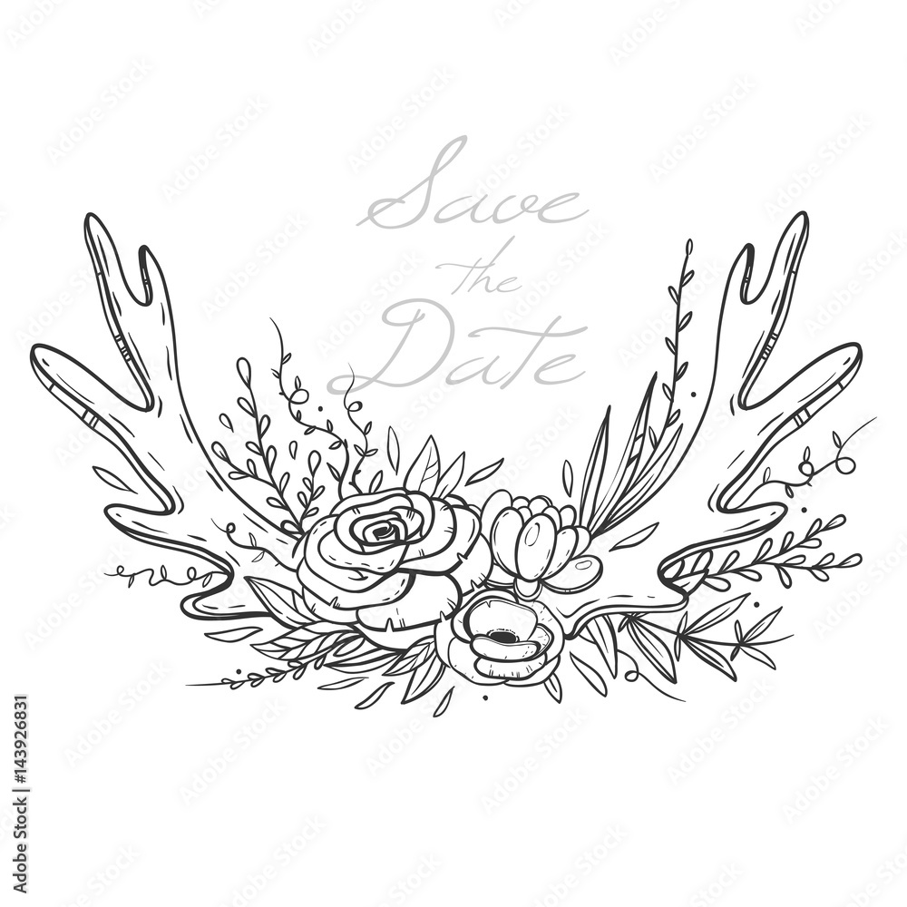 Fototapeta premium Wedding card template with hand drawn floral bouquet and deer horns. Floral composition with roses, anemones and succulents. Vector illustration isolated on white.