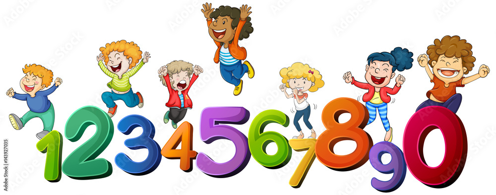 Obraz premium Happy children and numbers one to zero