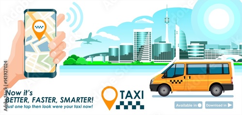 Taxi app banner. City skyline modern buildings hi-tech & taxi cab also smartphone gps map in hand. Concept template of taxi call service for store.