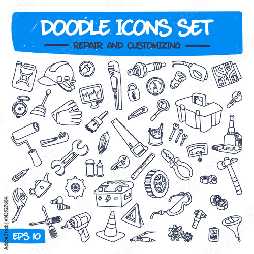 Doodle Icons Set - Repair and Customizing. Sketch Sign Illustration on Paper of Hand Drawn Tools. Hand Drawing Line Icons for Web, App, Mobile, Business, Finance, Technology, Education. .