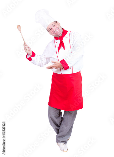 cheerful chef invites isolated on white background