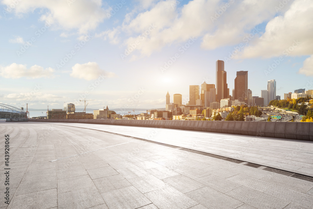 empty brick floor with cityscape of los angeles