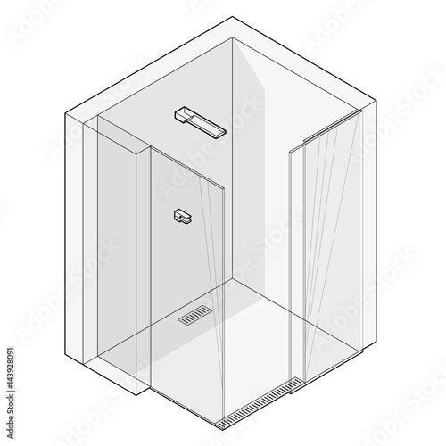 Shower enclosure with sliding glass doors. Outlined modern white bathroom. Vector barier free shower, isometric perspective. Isolated sanitary equipment. Enclosure shower with modern water battery tap