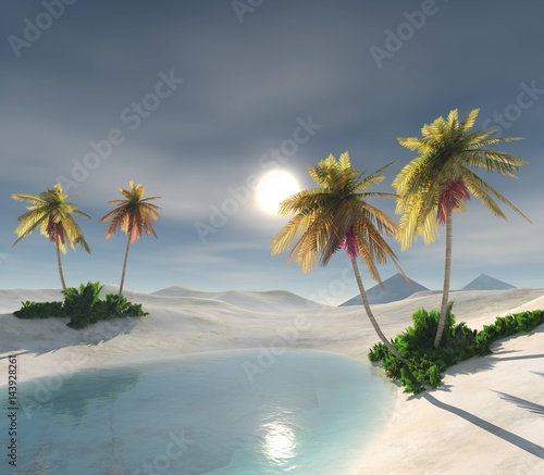 Beautiful oasis in the sandy desert  beautiful desert landscape  palm trees in the desert  3d rendering  