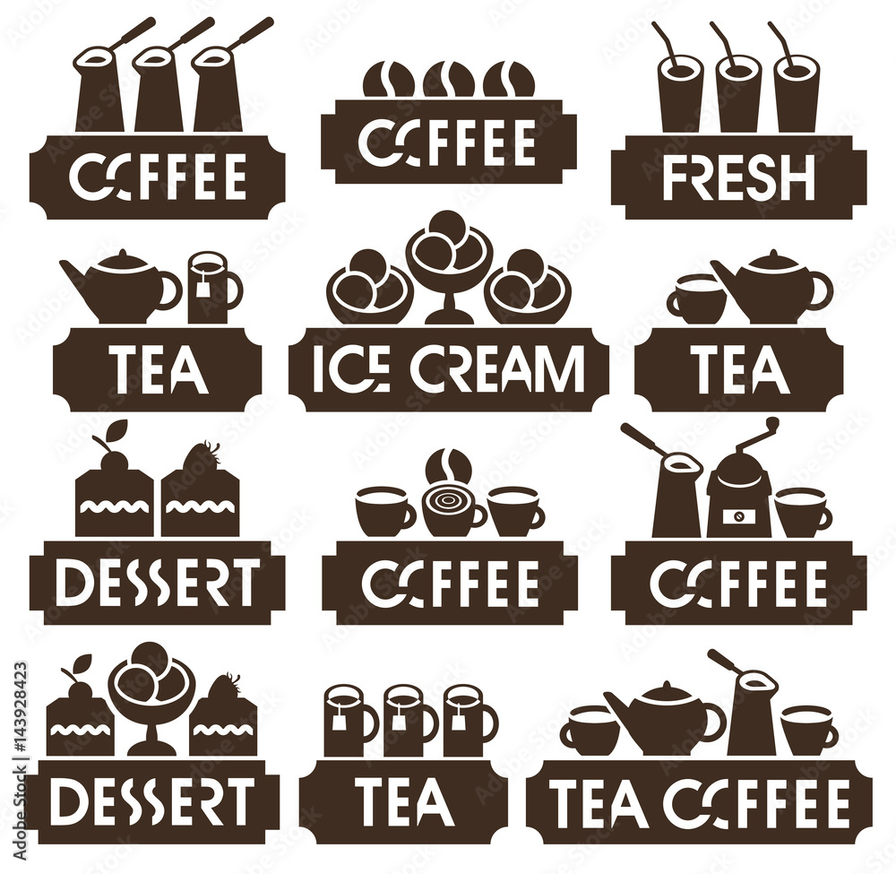 set of vector logos for restaurant, cafe or coffee shop on hot coffee, tea, dessert, juice and ice cream in retro style set of vector logos for restaurant, cafe or coffee shop on hot coffee, tea, dessert, juice and ice cream in retro style