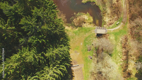 Top view of a wooden bridge at the Eutersee. The Eutersee is a little lake in south Hessia  Germany.  