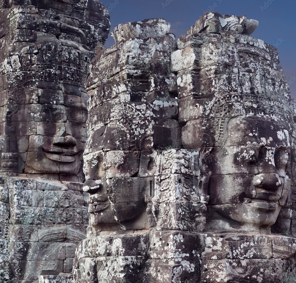 Stone reliefs in famous ancient Prasat Bayon Temple in Angkor Thom, Cambodia