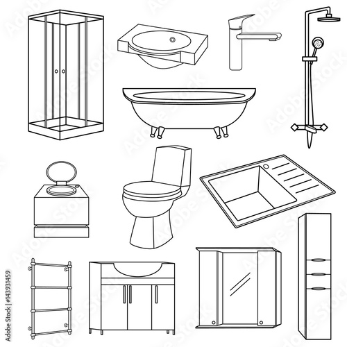 A set of items for the bathroom and toilet room. Set of transparent icons with black outline. Sanitary ware and furniture for the bathroom, toilet, kitchen. Illustration with separate subjects. 