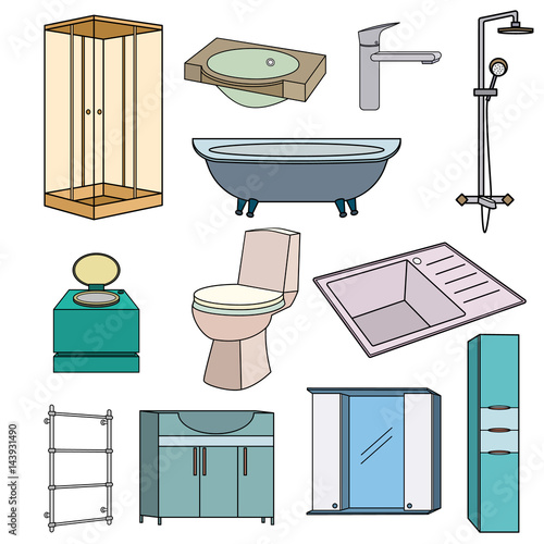 A set of colored items for the bathroom and toilet room. Set of icons with black outline. Sanitary ware and furniture for the bathroom, toilet, kitchen. 3d Illustration with separate subjects. 