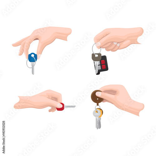 Doors and Car Keys in Human Hands Flat Vectors Set