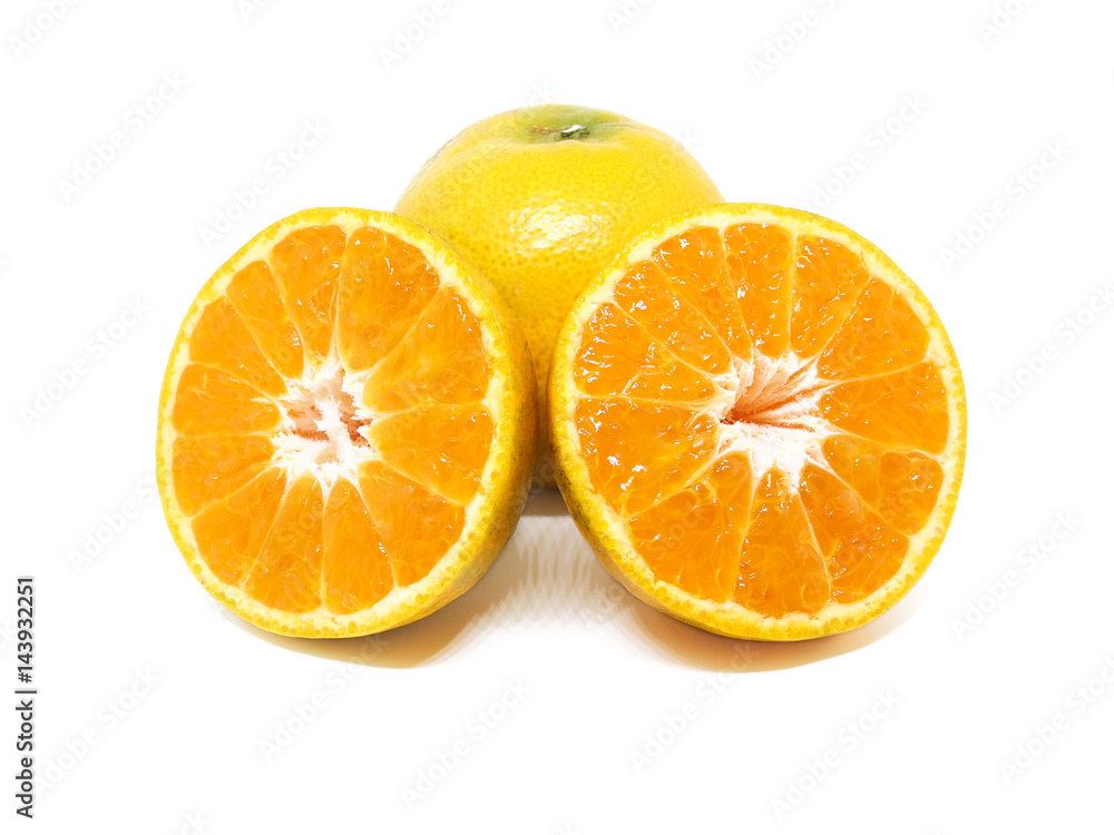 Slice fresh orange fruit on white background.