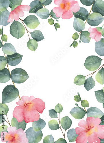 Watercolor green floral card with silver dollar eucalyptus leaves and branches isolated on white background.