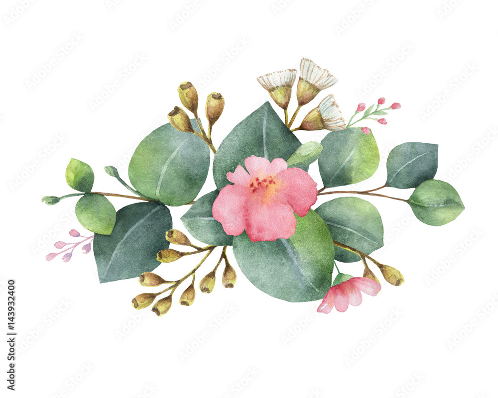 Watercolor bouquet with green eucalyptus leaves and branches. Stock ...