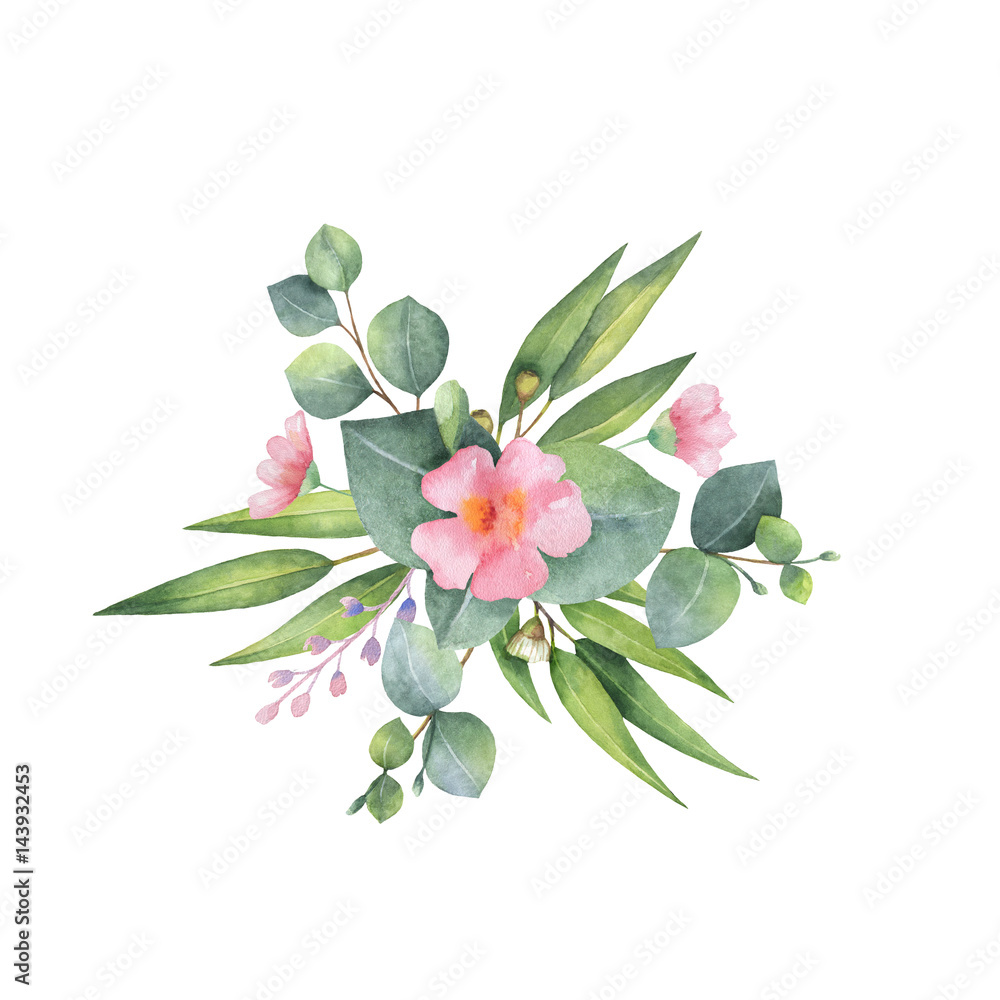 Watercolor bouquet with green eucalyptus leaves and branches. Stock ...