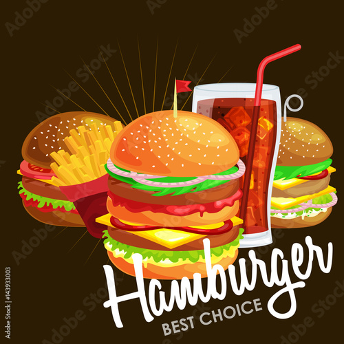 Set of tasty burgers grilled beef and fresh vegetables dressed with sauce bun for snack, american hamburger fast food meal French fries with cold soda brown ice drink vecor illustration background