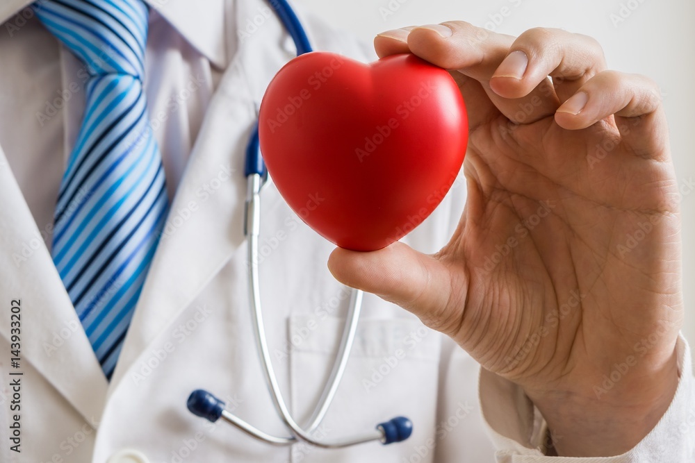 Cardiologist doctor holds red heart in hand. Cardiologist doctor holds red heart in hand.