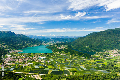 Caldonazzo lake, Trento, Province of Trentino Alto Adige, Italy. Panorama of two lakes from Monterovere.