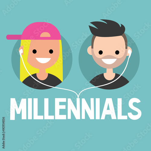 Millennials conceptual sign: young boy and girl sharing one pair of earphones / editable flat vector illustration