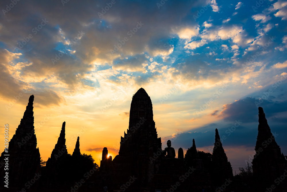 Silhouette of Wat Chai Wattanaram temple on sunset