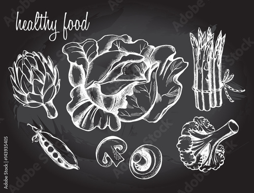 Hand drawn set of vegetables - artichoke, peas, champignon, asparagus, cabbage, broccoli.