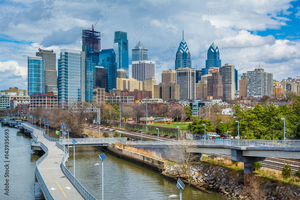 The Schuylkill River and skyline seen from the South Street Bridge, in Philadelphia, Pennsylvania.