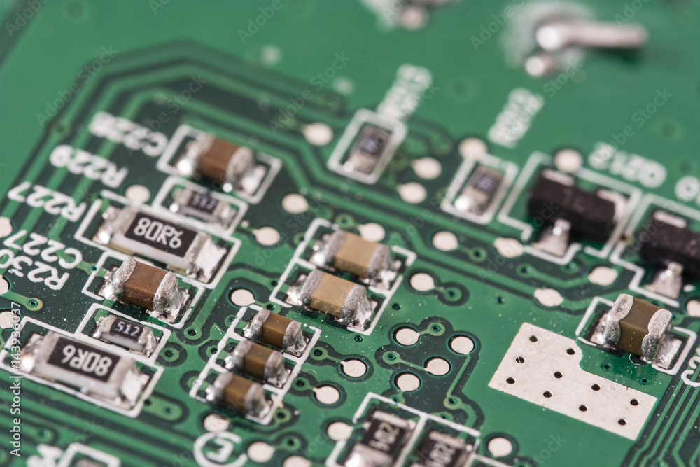Electronic components on the printed circuit board. Electronic components on the printed circuit board.