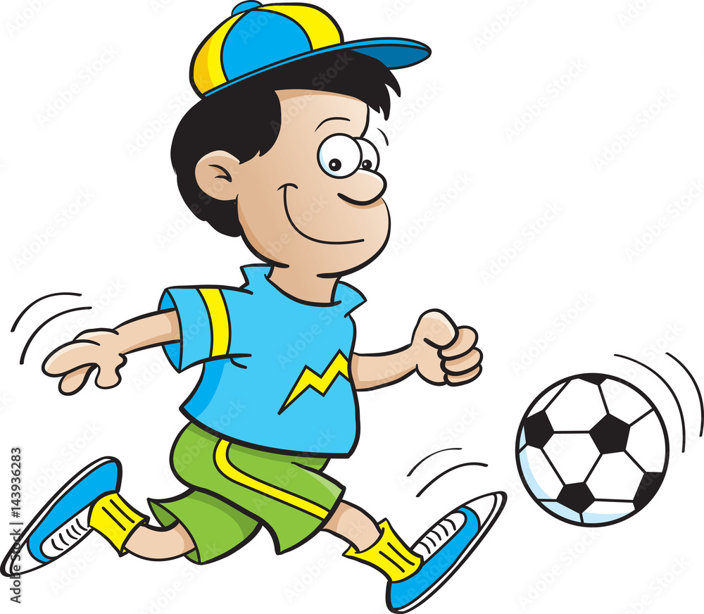 Obraz premium Cartoon illustration of a boy playing soccer.