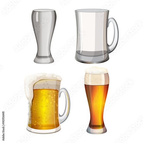 Collection of empty beer mugs and with light alcohol beverage isolated