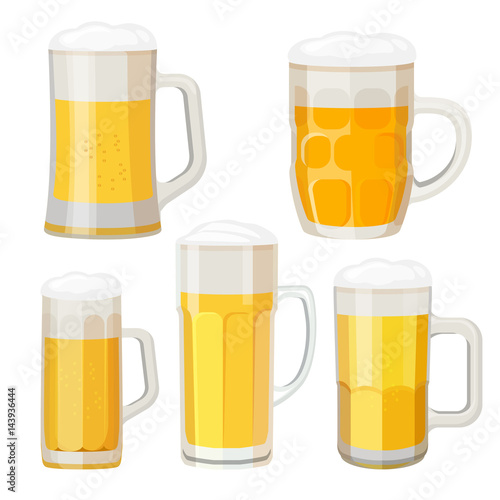 Collection of beer mugs with handles isolated on white.