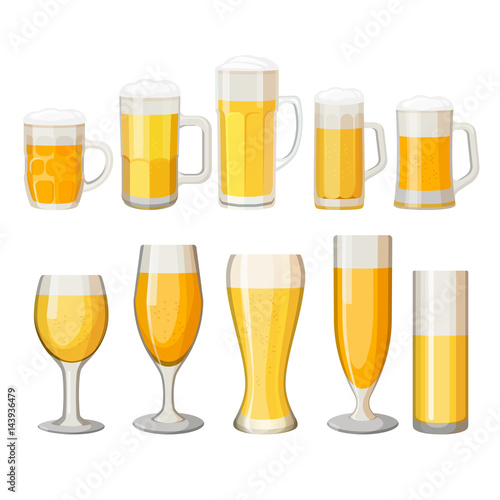 Collection of beer mugs with light alcohol beverage isolated